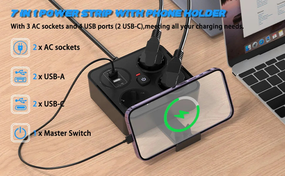 7-in-1 European Power Strip with 4 USB Ports & Surge Protection