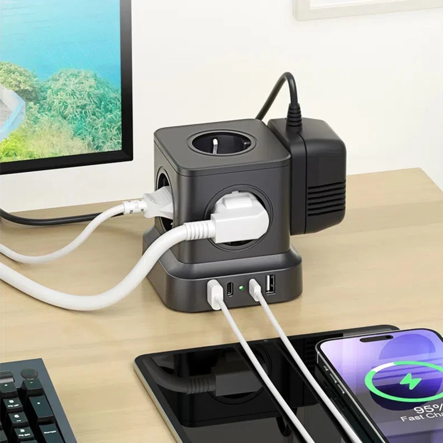 9-in-1 European Tower Power Strip with 4 USB Ports & 1.8m Extension Cord - 2