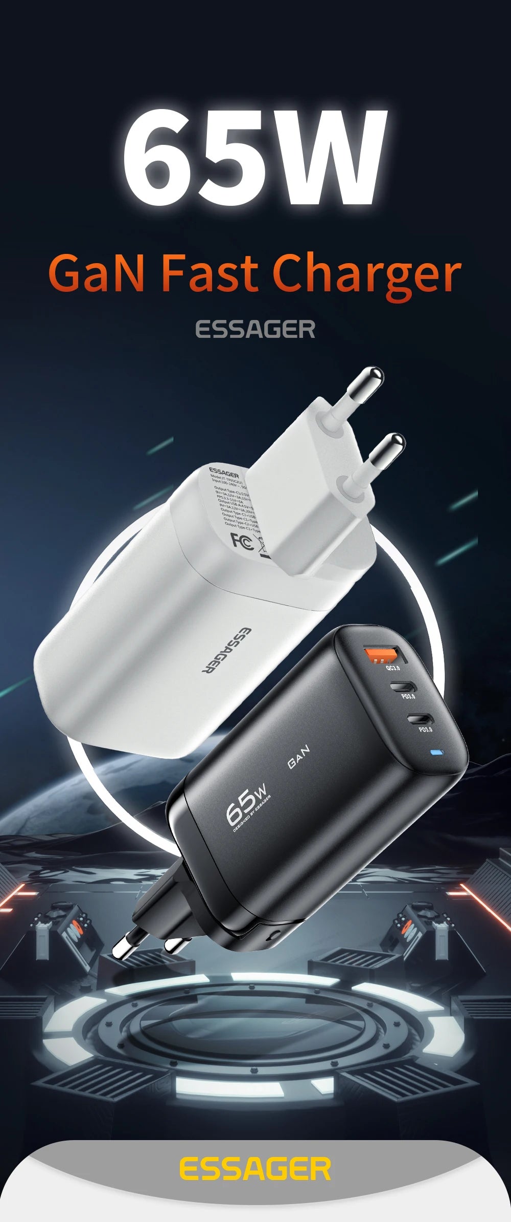 65W GaN Fast Charger - Triple Port USB-C Wall Charger for Laptop & Phone