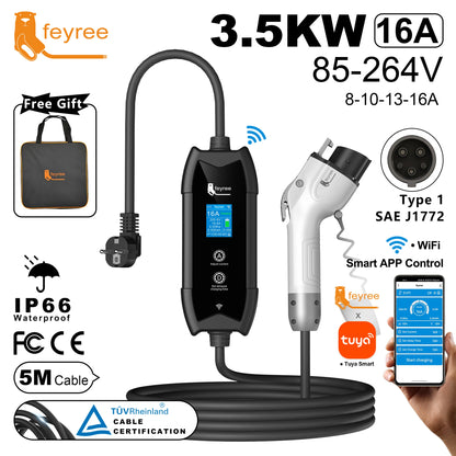 Portable Level 2 EV Charger - Type 1, 16A, 3.5KW with Smart App & LCD