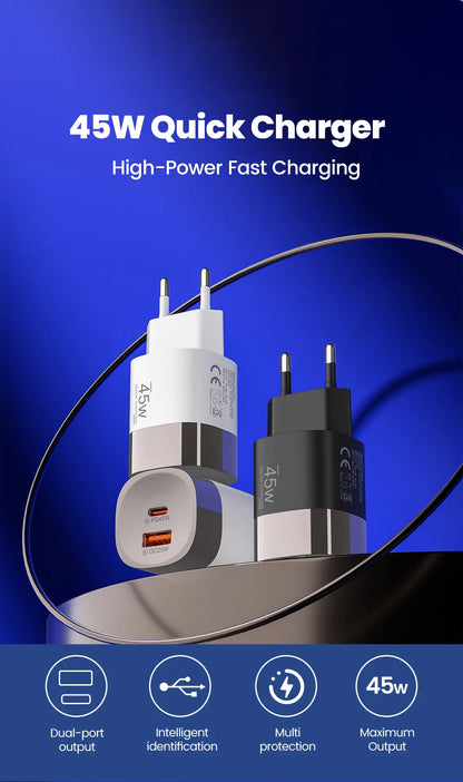 45W Dual Port USB-C & USB-A Fast Wall Charger for iPhone, Samsung, Huawei