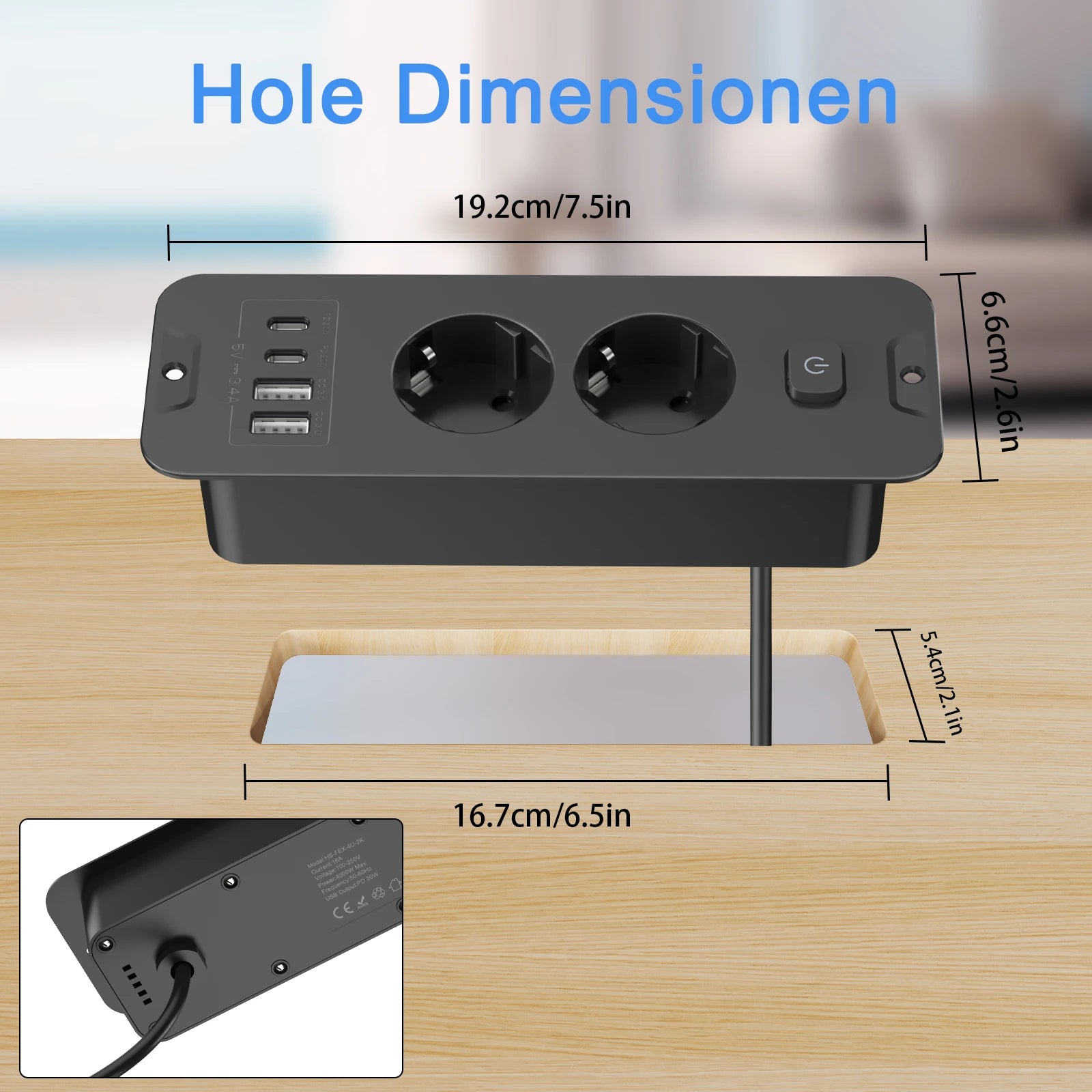 Desktop Recessed Power Strip - Built-in 3 AC Sockets, USB & PD 20W Type-C - 3