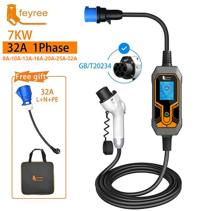 7KW Portable EV Charger - Adjustable 32A Charging Cable for Electric Cars