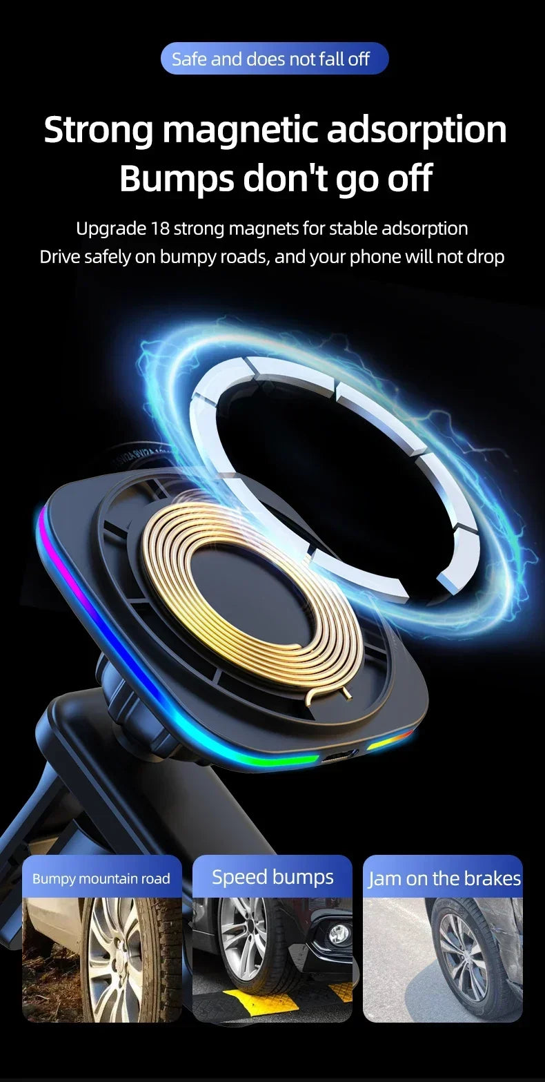 Magnetic Wireless Car Charger & Phone Mount - 15W Fast Charging Station