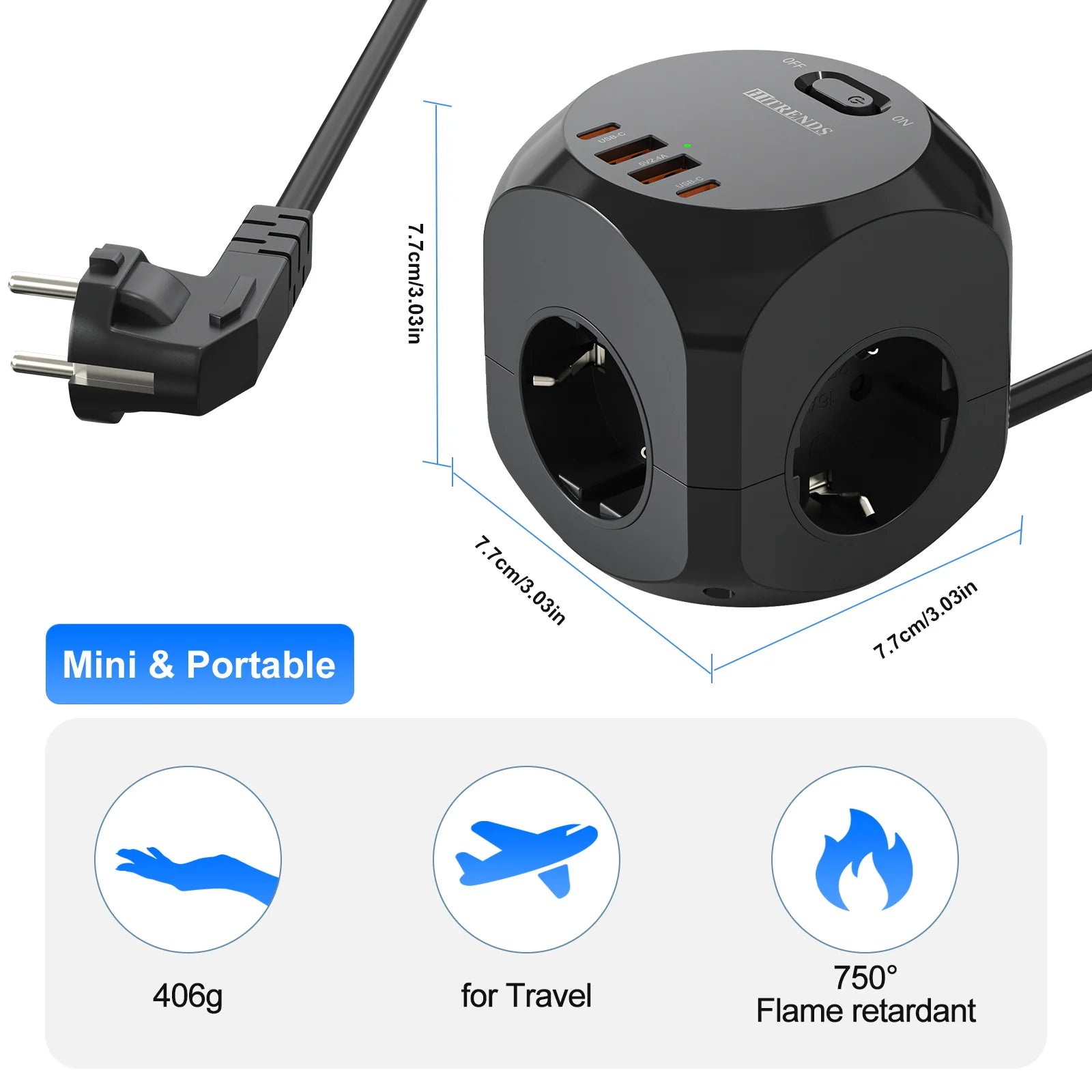 4-Way Cube Power Strip with USB-C & USB-A Fast Charging - 2M Extension Cord - 5