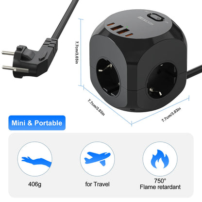 4-Way Cube Power Strip with USB-C & USB-A Fast Charging - 2M Extension Cord