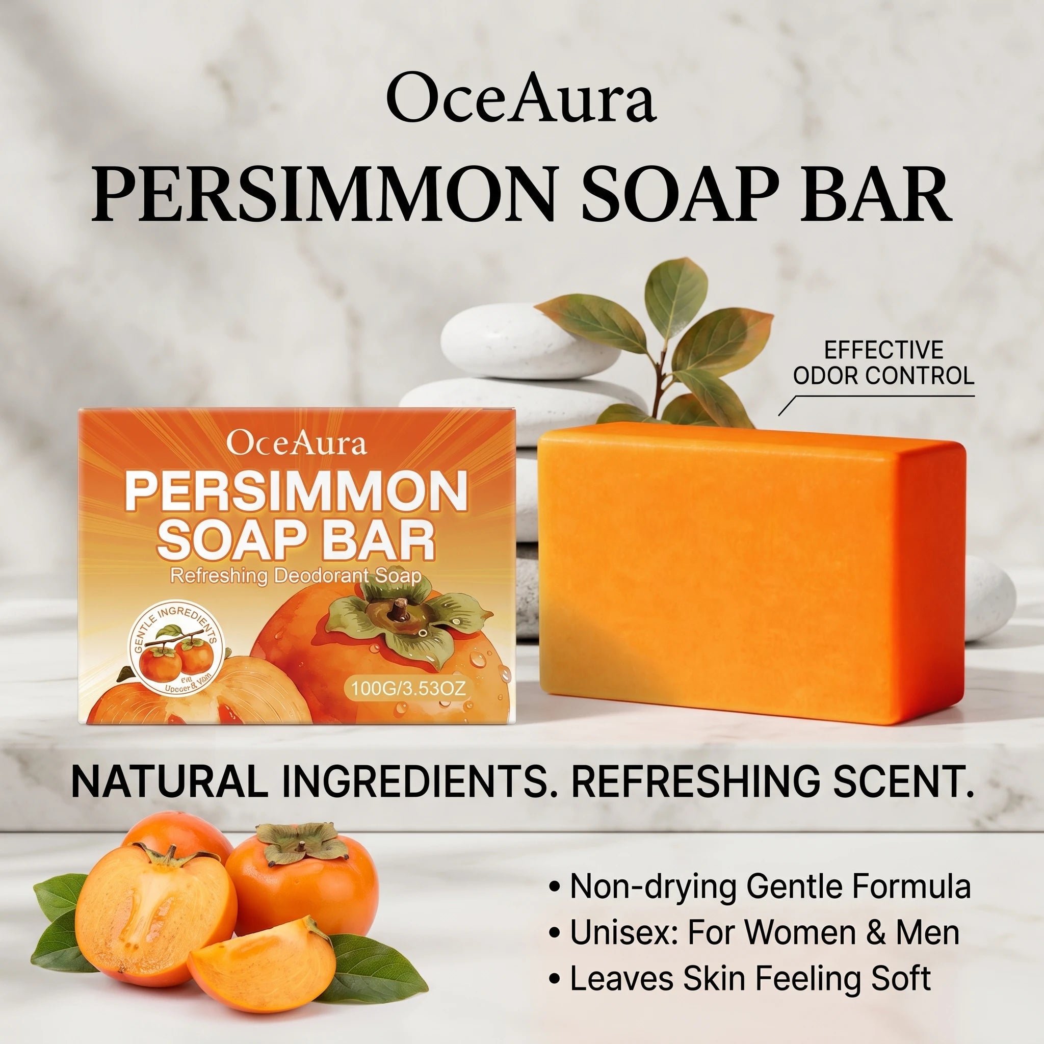 Natural Persimmon Extract Deodorizing Body Soap Bar for Odor Control & Fresh Skin - 9