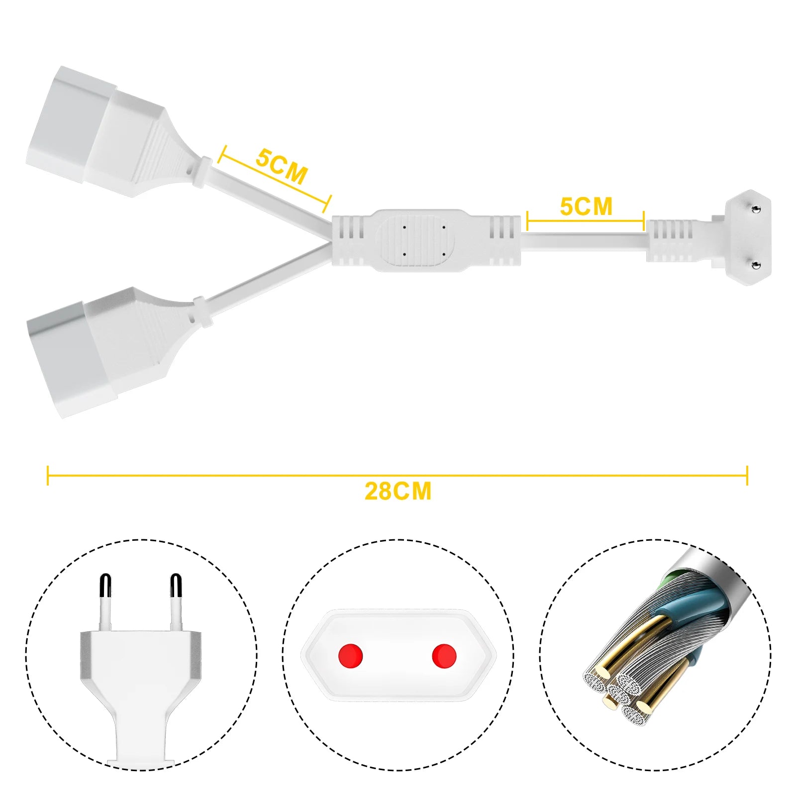 28cm EU Power Extension Cable - Type C Euro Plug to Double Socket Adapter - 8