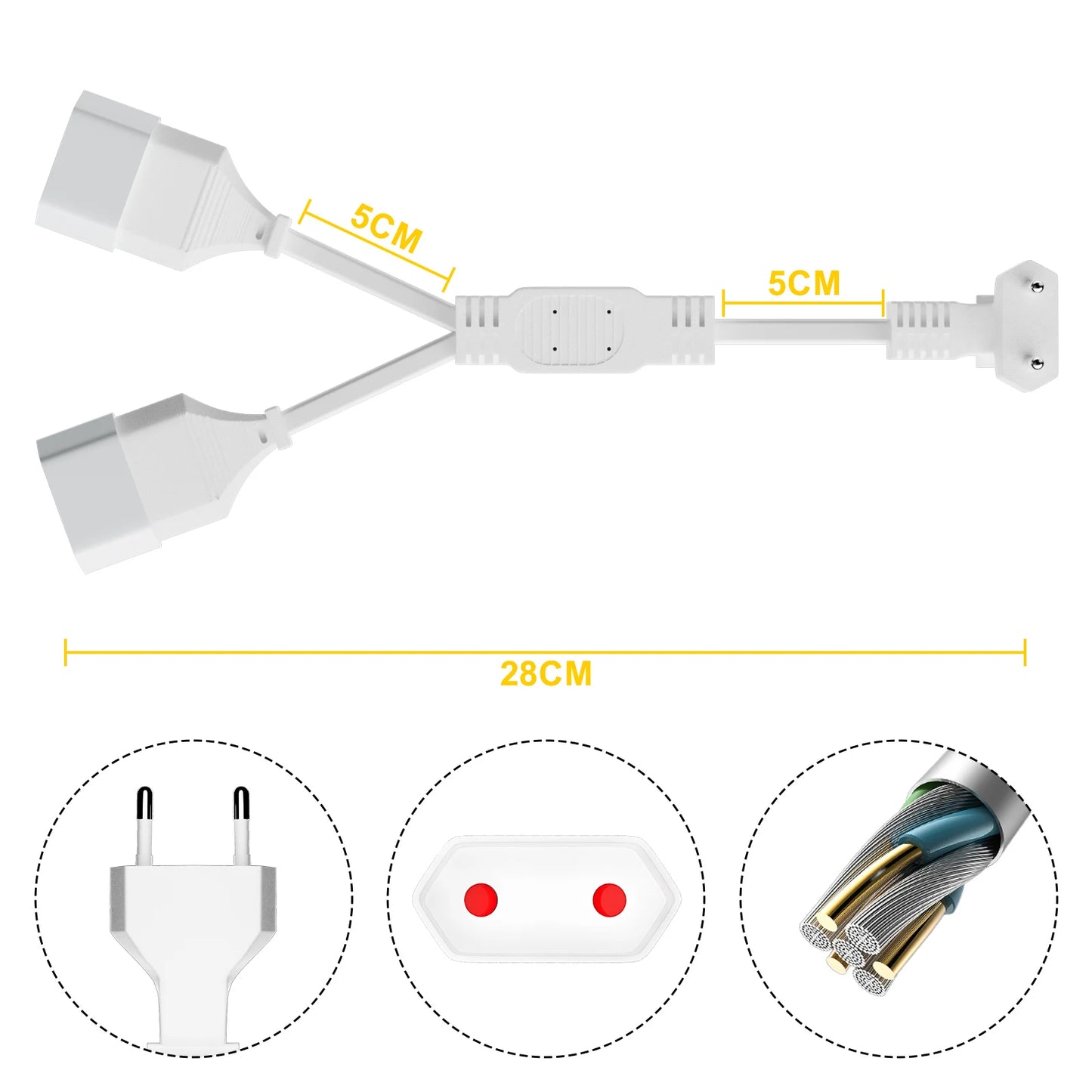 28cm EU Power Extension Cable - Type C Euro Plug to Double Socket Adapter