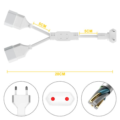 28cm EU Power Extension Cable - Type C Euro Plug to Double Socket Adapter