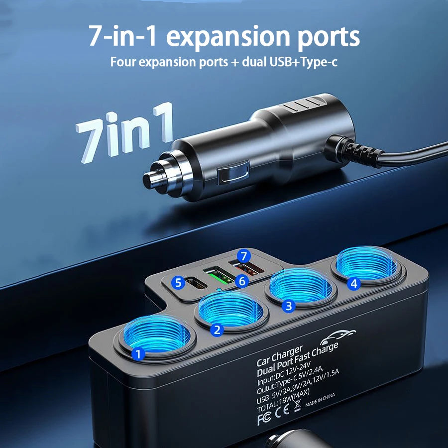 120W 4-Port Fast Car Charger - USB & Type-C Multi-Device Power Adapter - 7