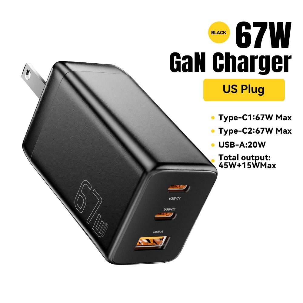 67W GaN 3-Port USB-C Fast Charger - Universal PD & QC Wall Adapter - 24