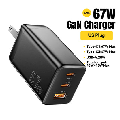67W GaN 3-Port USB-C Fast Charger - Universal PD & QC Wall Adapter