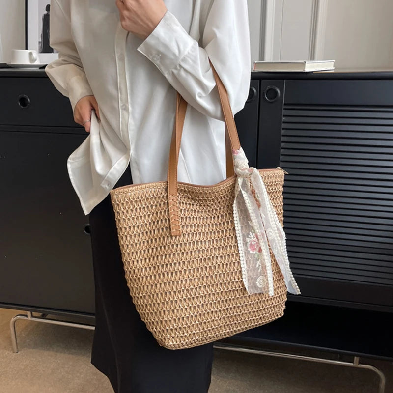 Lace Woven Straw Tote