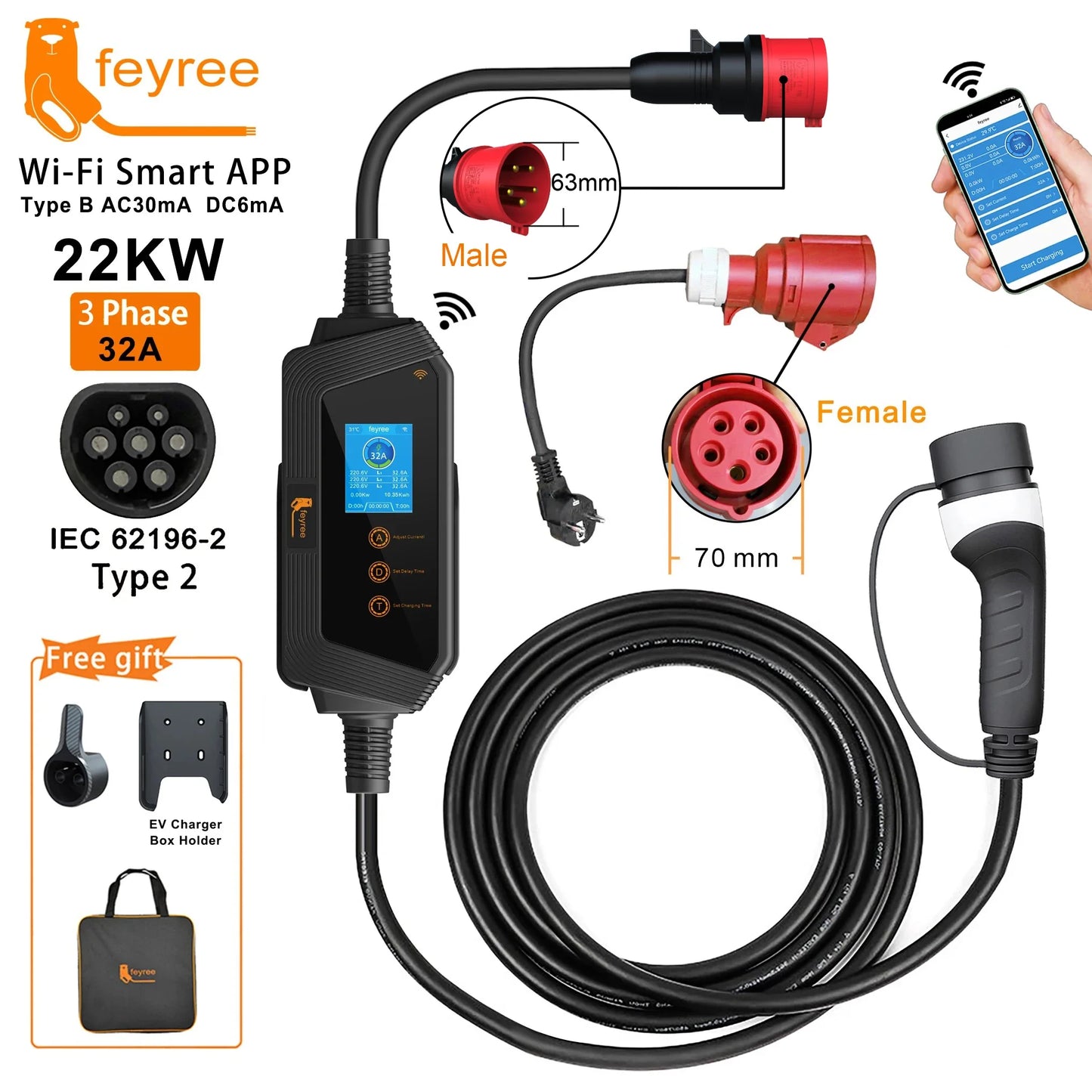 22KW 3-Phase Portable EV Charger - Adjustable 32A Type 2 Fast Charger