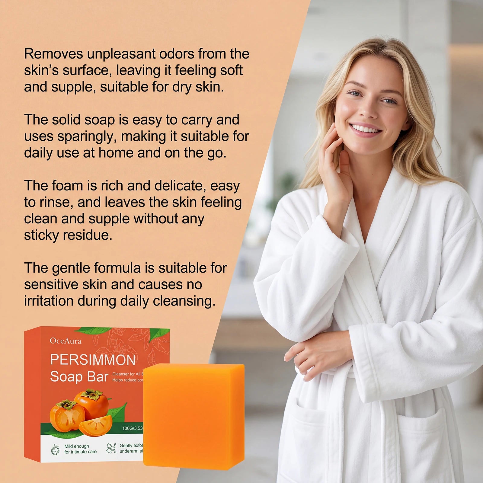 Natural Persimmon Soap Bar for Body Odor Control & Deep Exfoliating Skin Care - 10