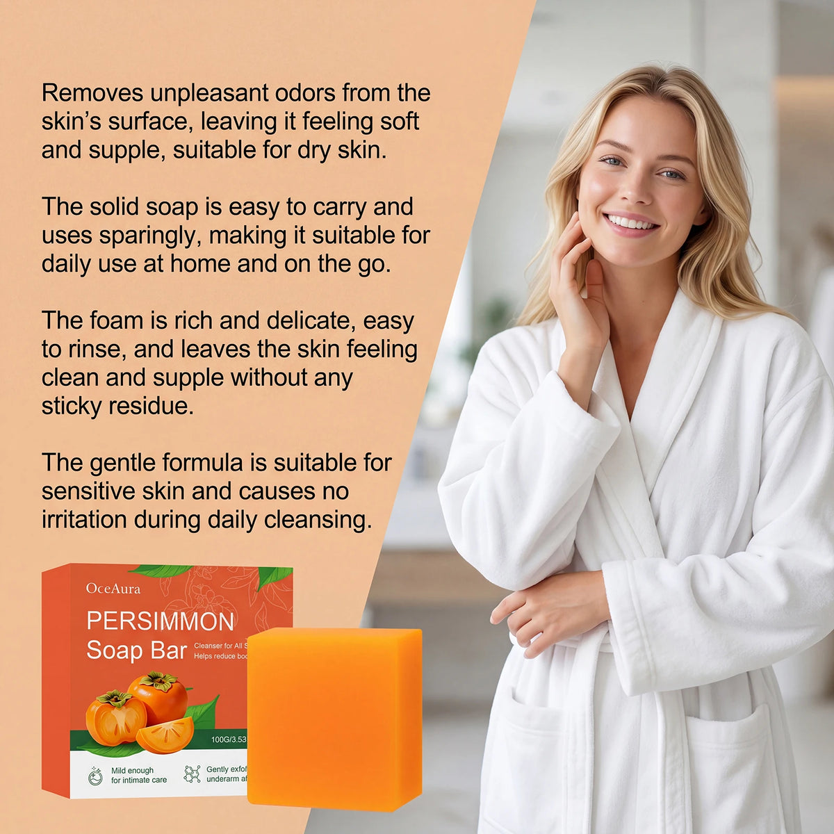 Natural Persimmon Soap Bar for Body Odor Control & Deep Exfoliating Skin Care