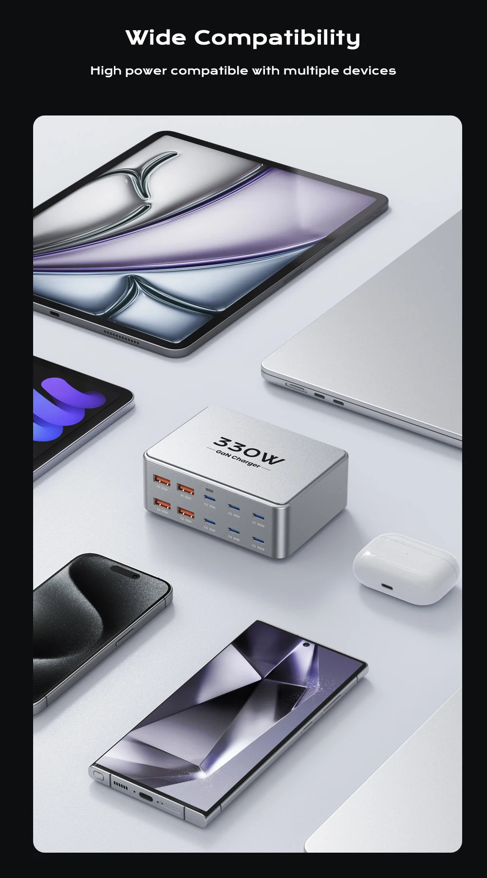 330W 10-Port GaN Desktop Fast Charger - PD 100W USB-C Charging Station - 17