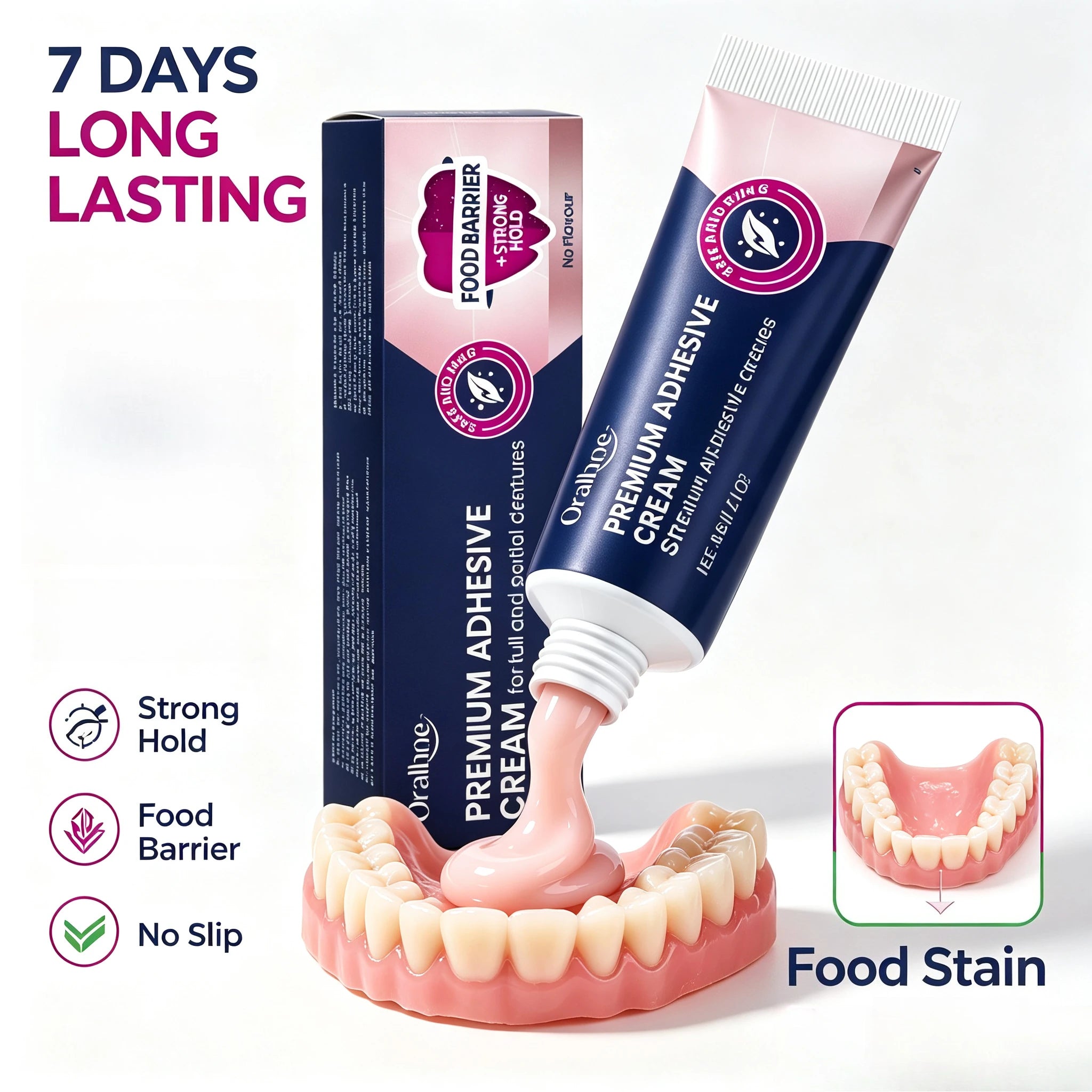 Premium Denture Adhesive Cream - Long Lasting Strong Hold & Food Barrier - 5