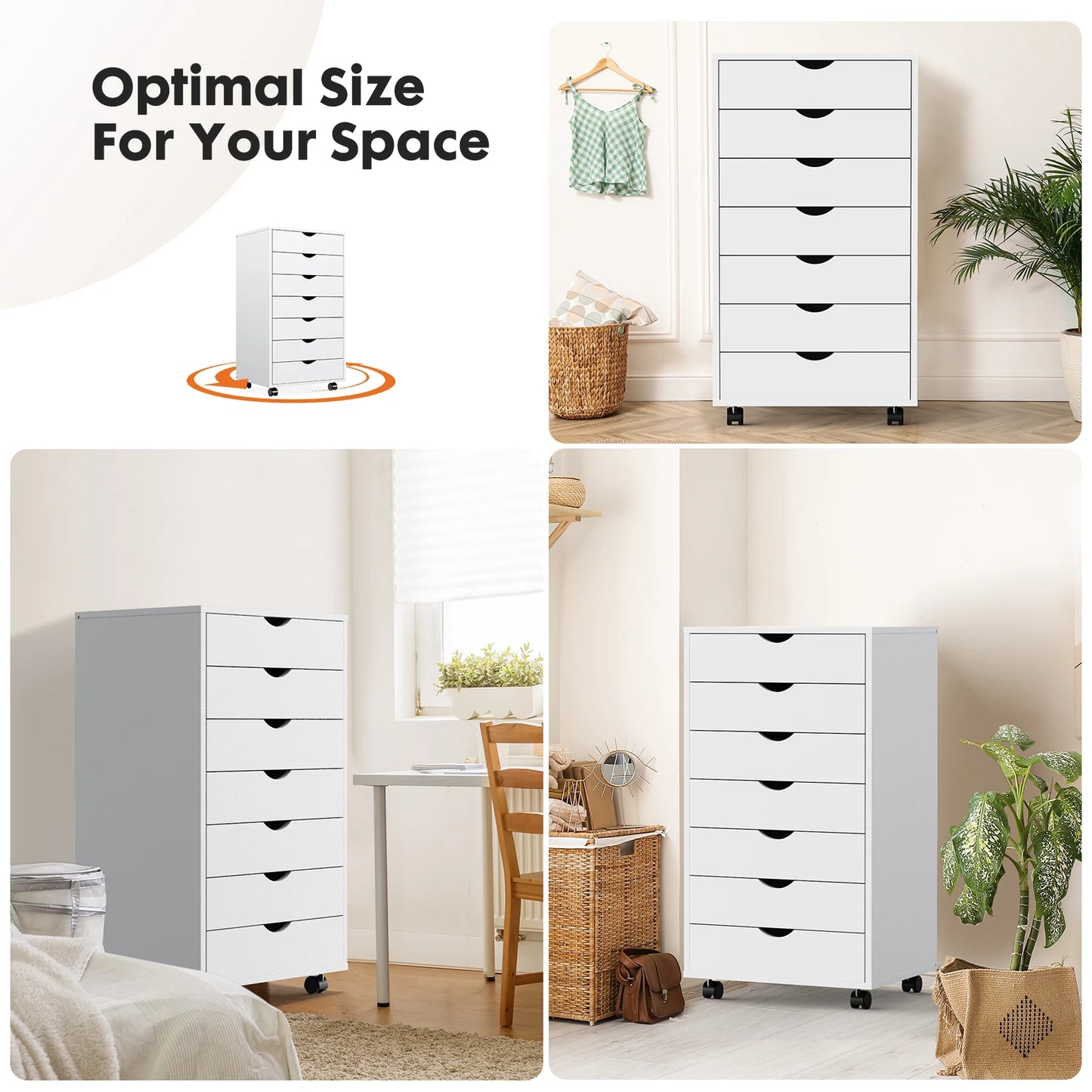 7-Drawer Rolling Storage Dresser - Mobile Wood Cabinet for Office & Bedroom