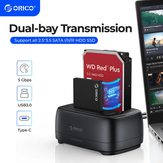 Dual-Bay HDD/SSD Docking Station 36TB USB 3.0 Type-C External Hard Drive Case
