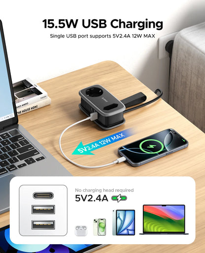 Portable EU Travel Power Strip with USB-C & Fast Charging – 5-in-1 Compact