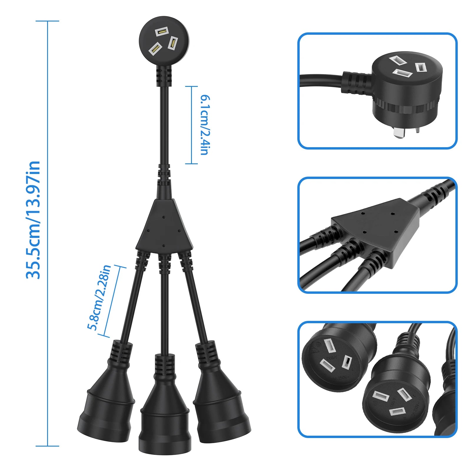 Australian 3-Way Power Extension Cord - 10A 250V Heavy Duty Splitter Cable - 7