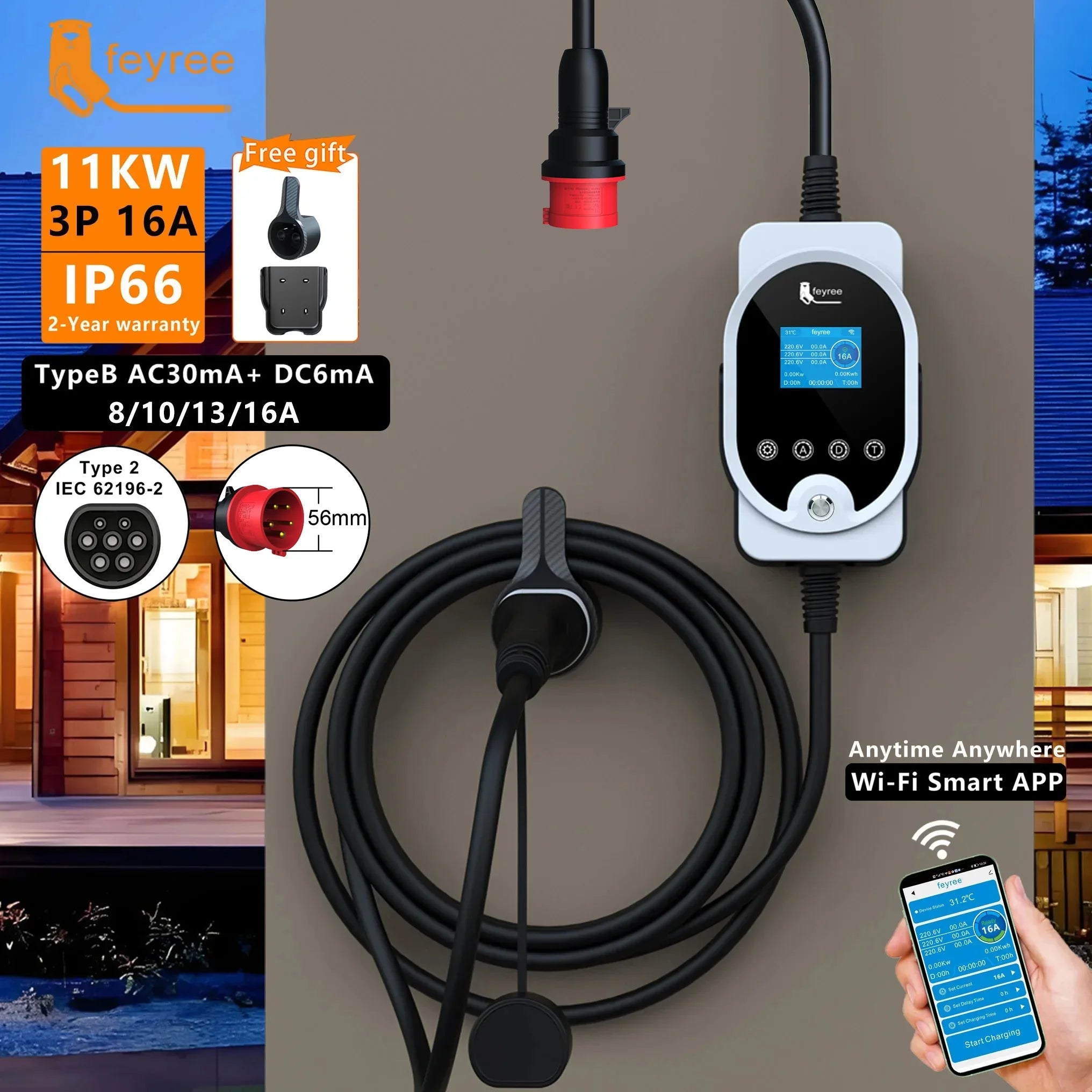 11KW Type 2 Smart EV Wallbox Charger - Portable 3-Phase Electric Car Station - 9