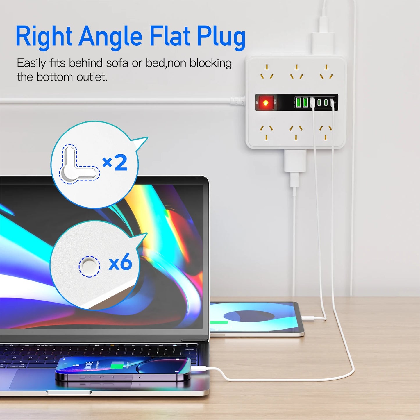 Australian Power Board: 12-Socket Extension Lead with 6 USB Fast Charger