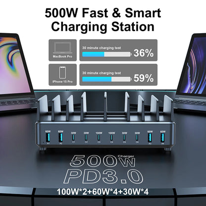 500W 10-Port GaN USB-C Charging Station for Laptops and Smartphones