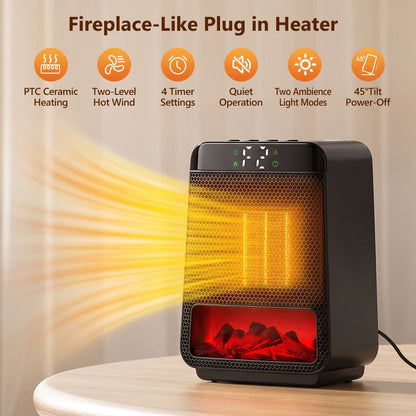 Portable Electric Ceramic Space Heater with Ambient Flame Light & Timer
