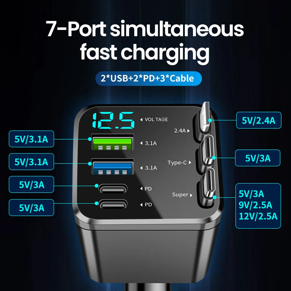 7-in-1 Retractable Fast Car Charger with Digital Display - 120W PD Adapter - 3