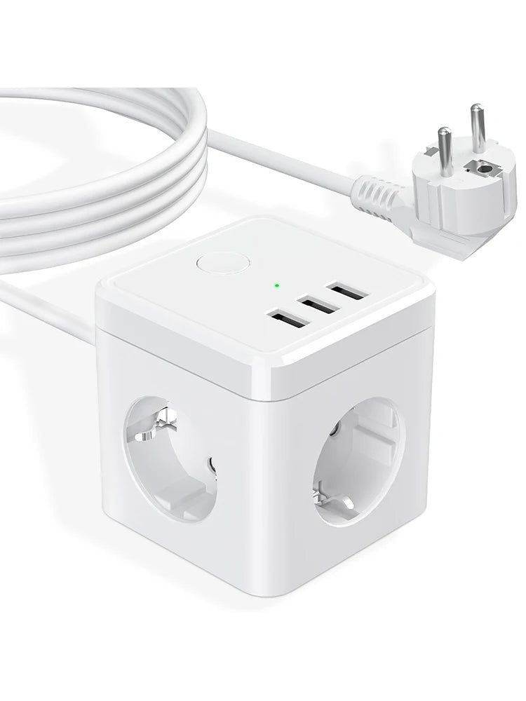 6-in-1 Cube Power Strip with 3 USB Ports & 2m Extension Cord - EU Plug - 12
