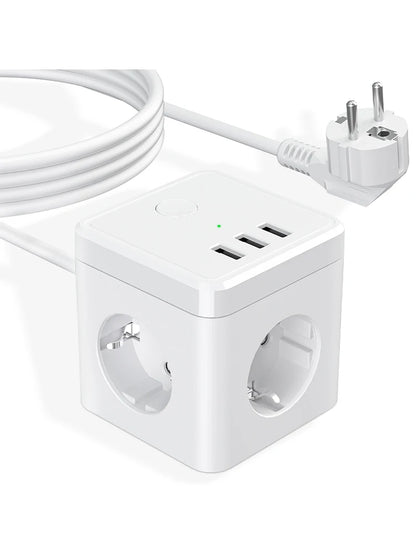 6-in-1 Cube Power Strip with 3 USB Ports & 2m Extension Cord - EU Plug