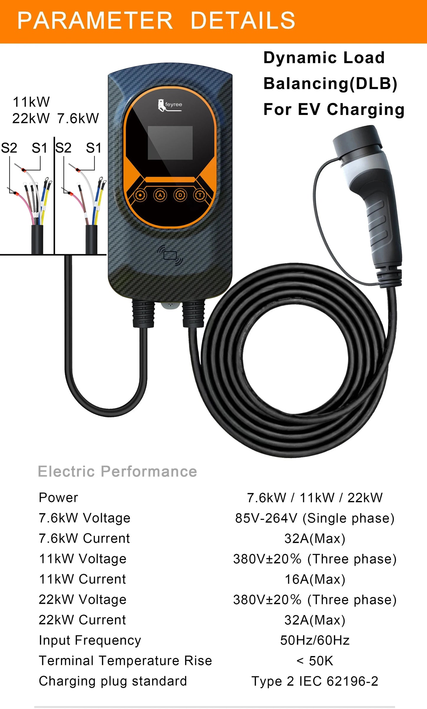 Type 2 Smart EV Wallbox Charger - 7.6kW/11kW/22kW with WiFi & App Control