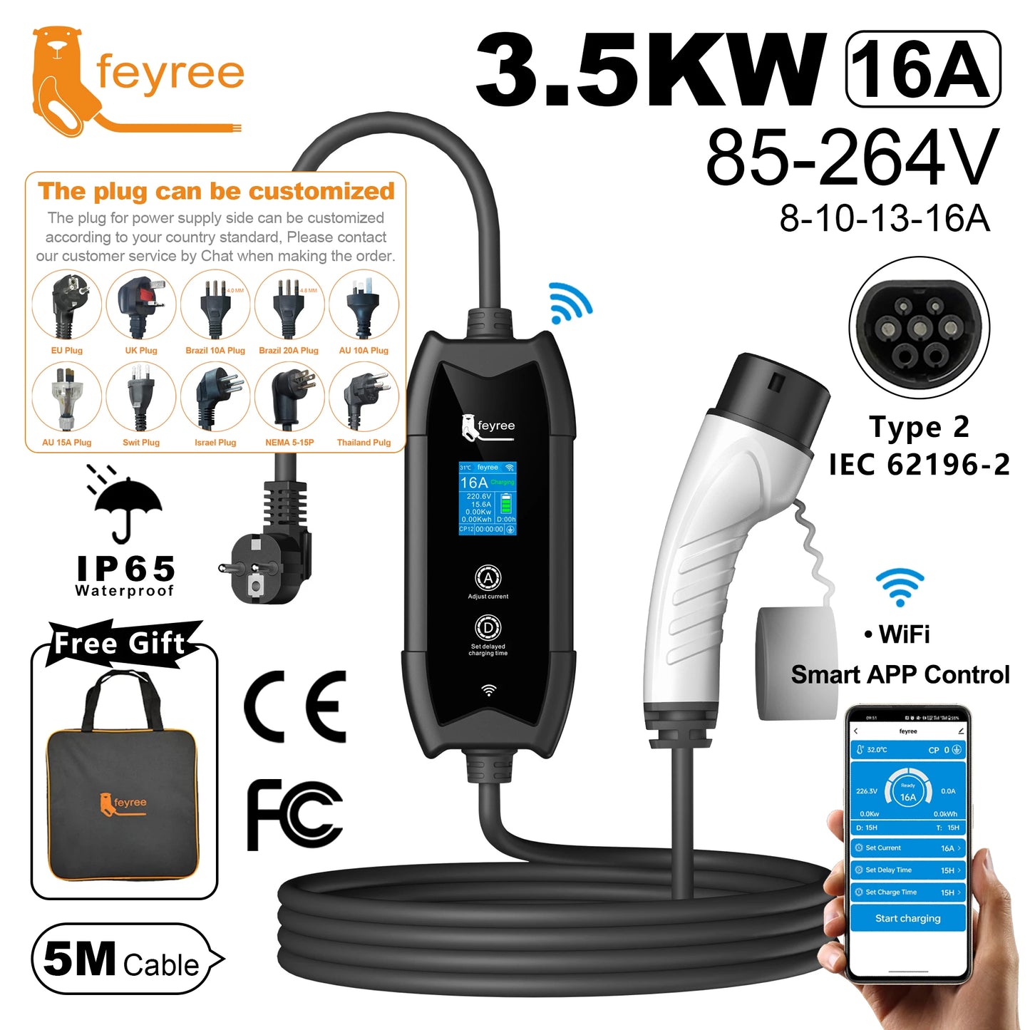 Type 2 Portable EV Charger - 3.5KW Smart WiFi App Control, 5m Cable