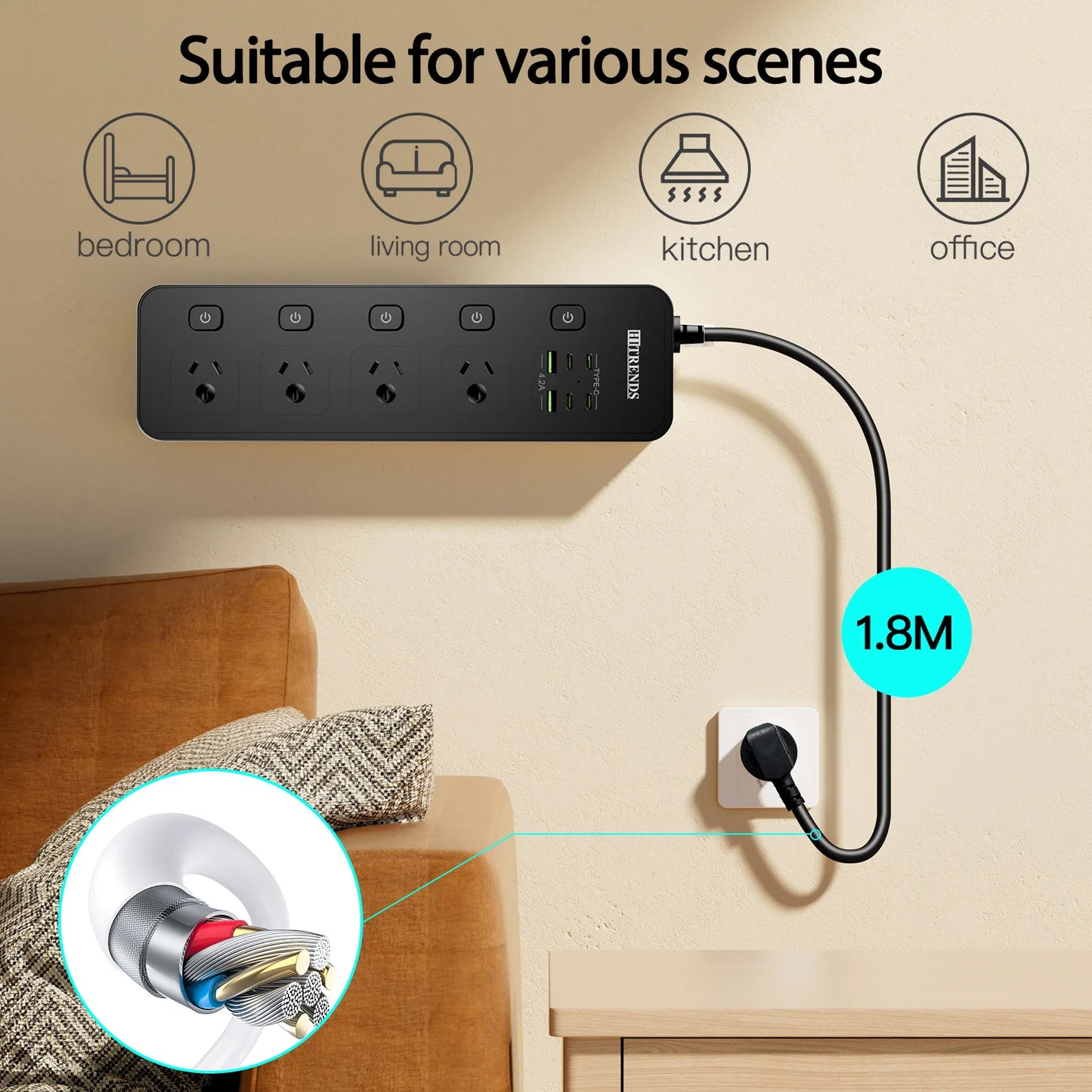 Australian Multi-Plug Power Board with 6 USB Fast Charging Ports & Switches