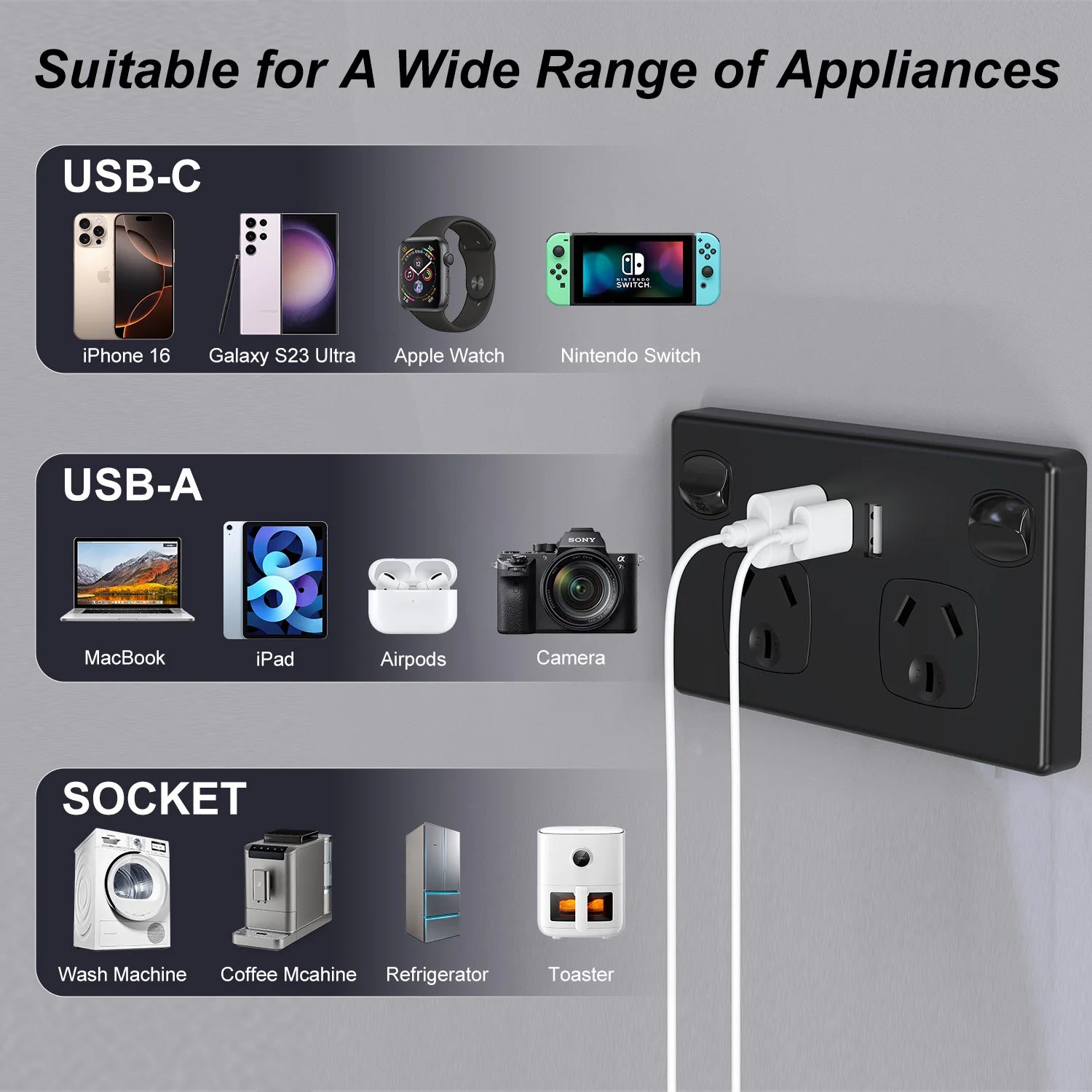 Australian Standard Dual Wall Socket with USB Ports & 2-Gang Switch - 10