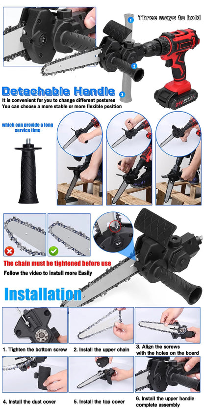 6-Inch Electric Drill to Chainsaw Adapter - Portable Mini Saw Attachment for Woodworking