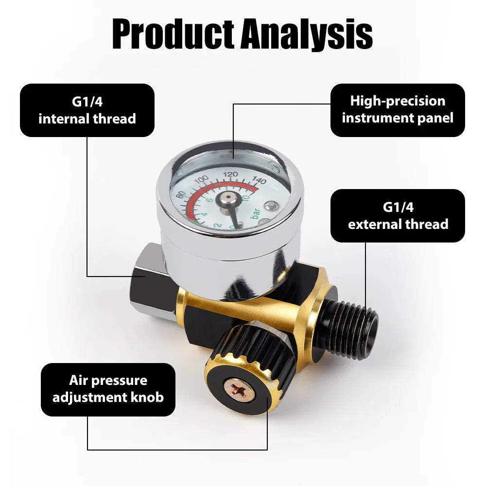G1/4 Spray Gun Air Pressure Regulator with Gauge - Adjustable 140 PSI Valve - 4