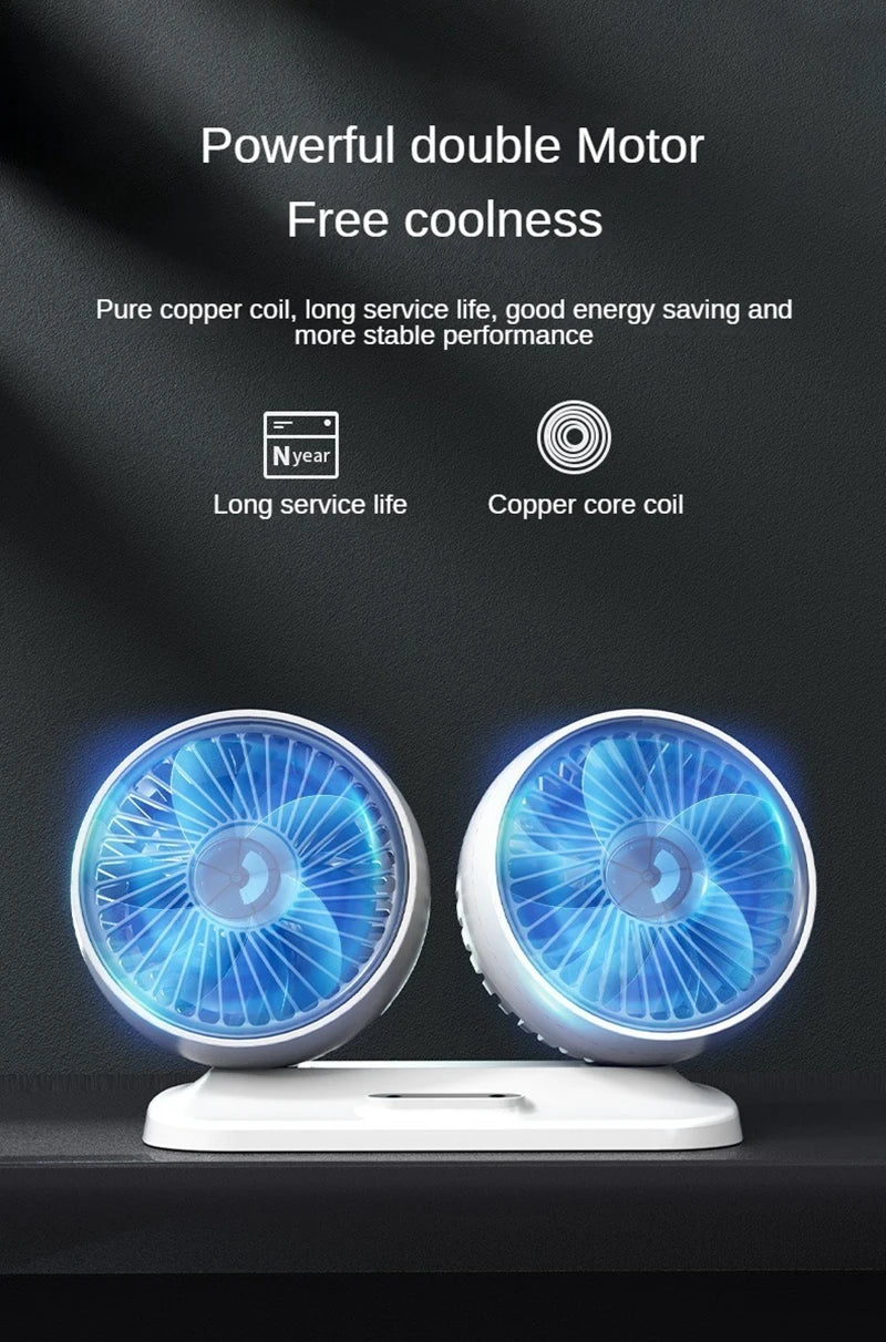 Dual Head USB Car Fan - 3-Speed 360° Adjustable Dashboard Fan