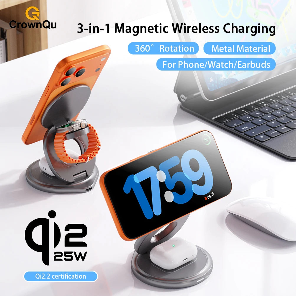 Qi2.2 25W 3-in-1 Magnetic Wireless Charging Station for iPhone & Watch - 7