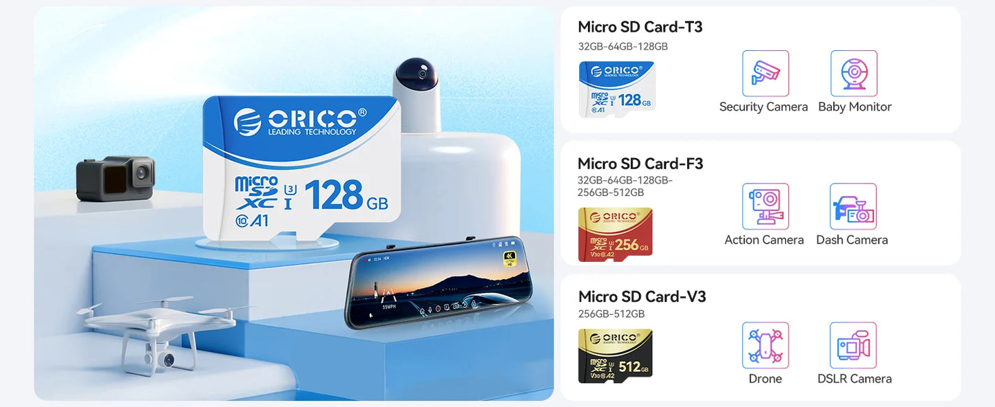 ORICO 128GB Micro SD Card - High-Speed UHS-I V30 for 4K Video & Cameras