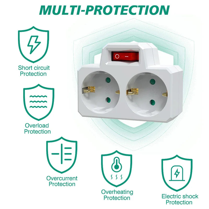 German Standard 2-Way Wall Socket Adapter with On/Off Switch & Surge Protection - 6