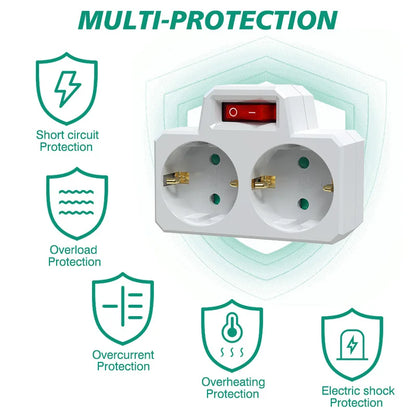German Standard 2-Way Wall Socket Adapter with On/Off Switch & Surge Protection