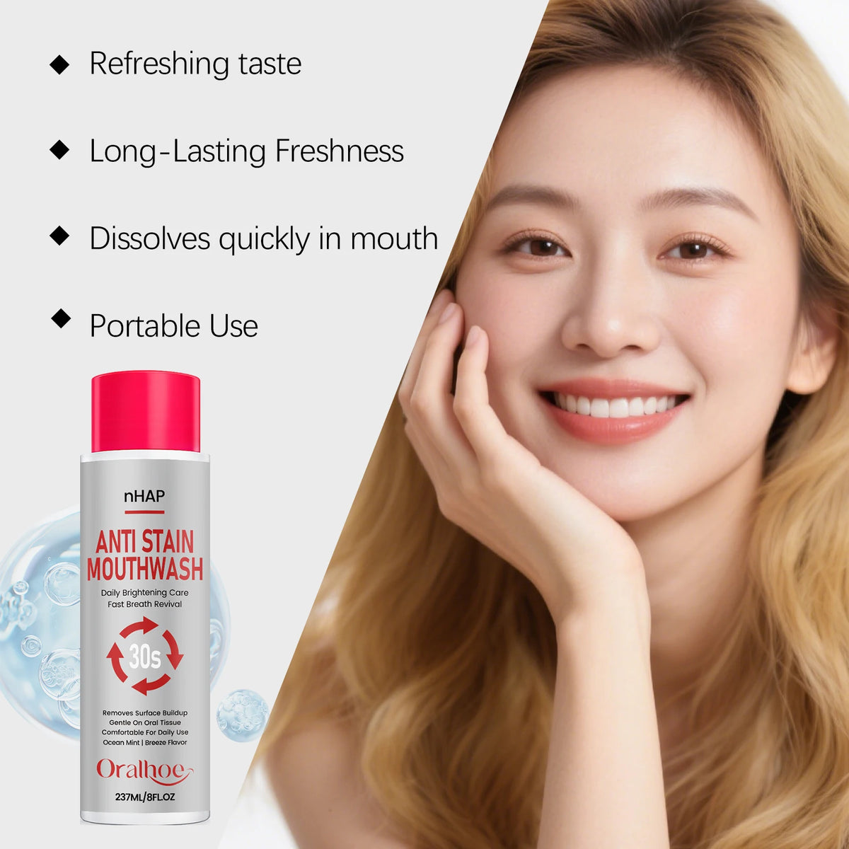 Anti-Stain Teeth Whitening Mouthwash - Alcohol-Free Daily Oral Care & Fresh Breath