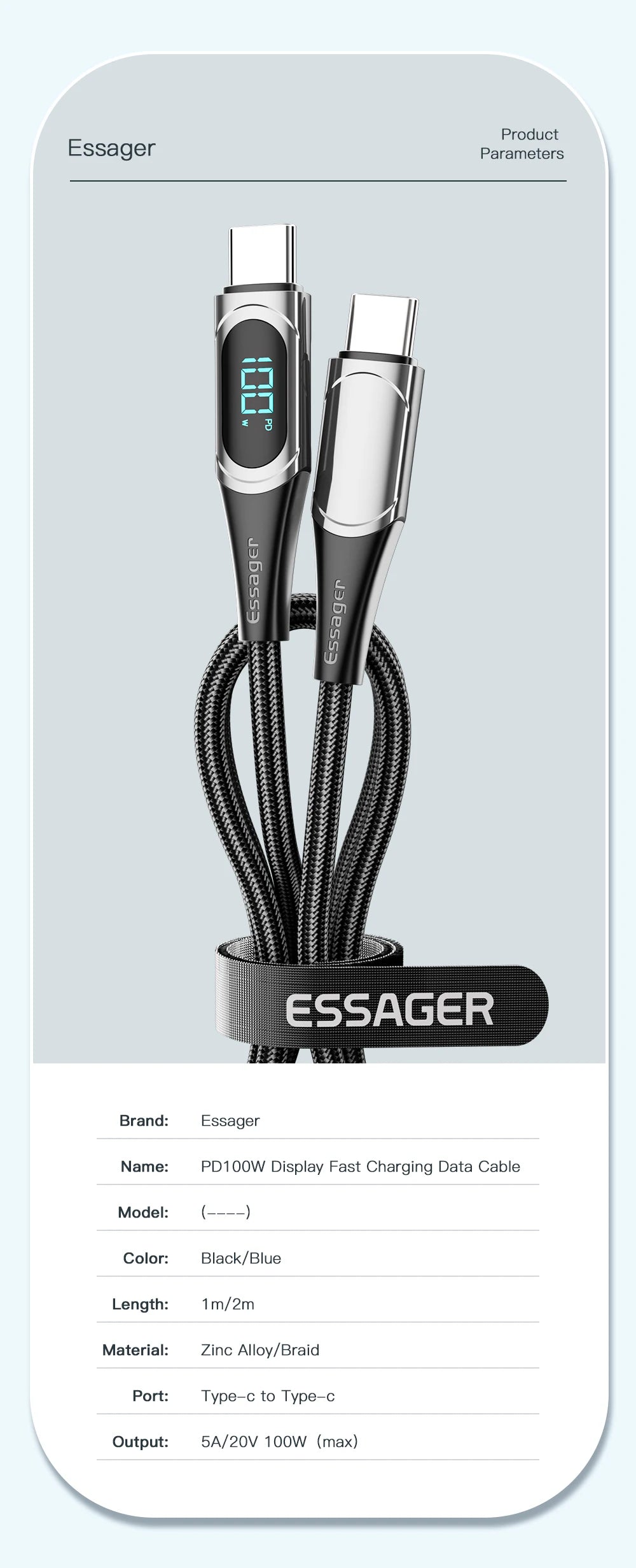Essager 100W USB-C to USB-C Fast Charging Cable with LED Display