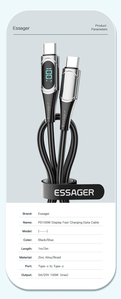 Essager 100W USB-C to USB-C Fast Charging Cable with LED Display