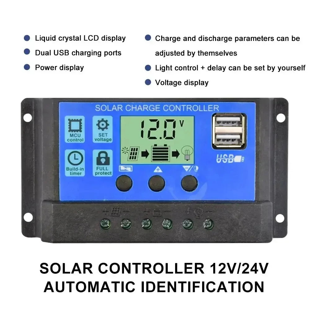 12V/24V PWM Solar Charge Controller with LCD Display & Dual USB Ports - 9