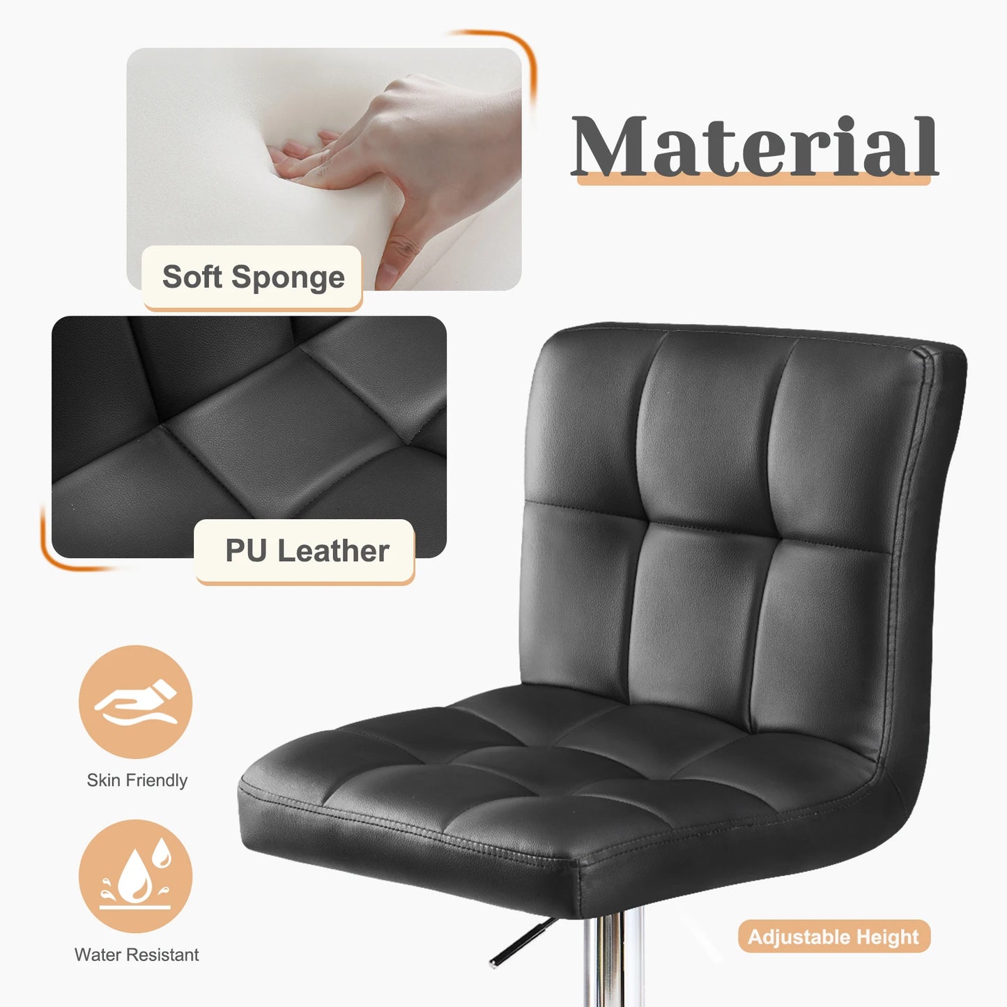 Set of 2 PU Leather Bar Stools - Comfortable Kitchen Counter Height Chairs